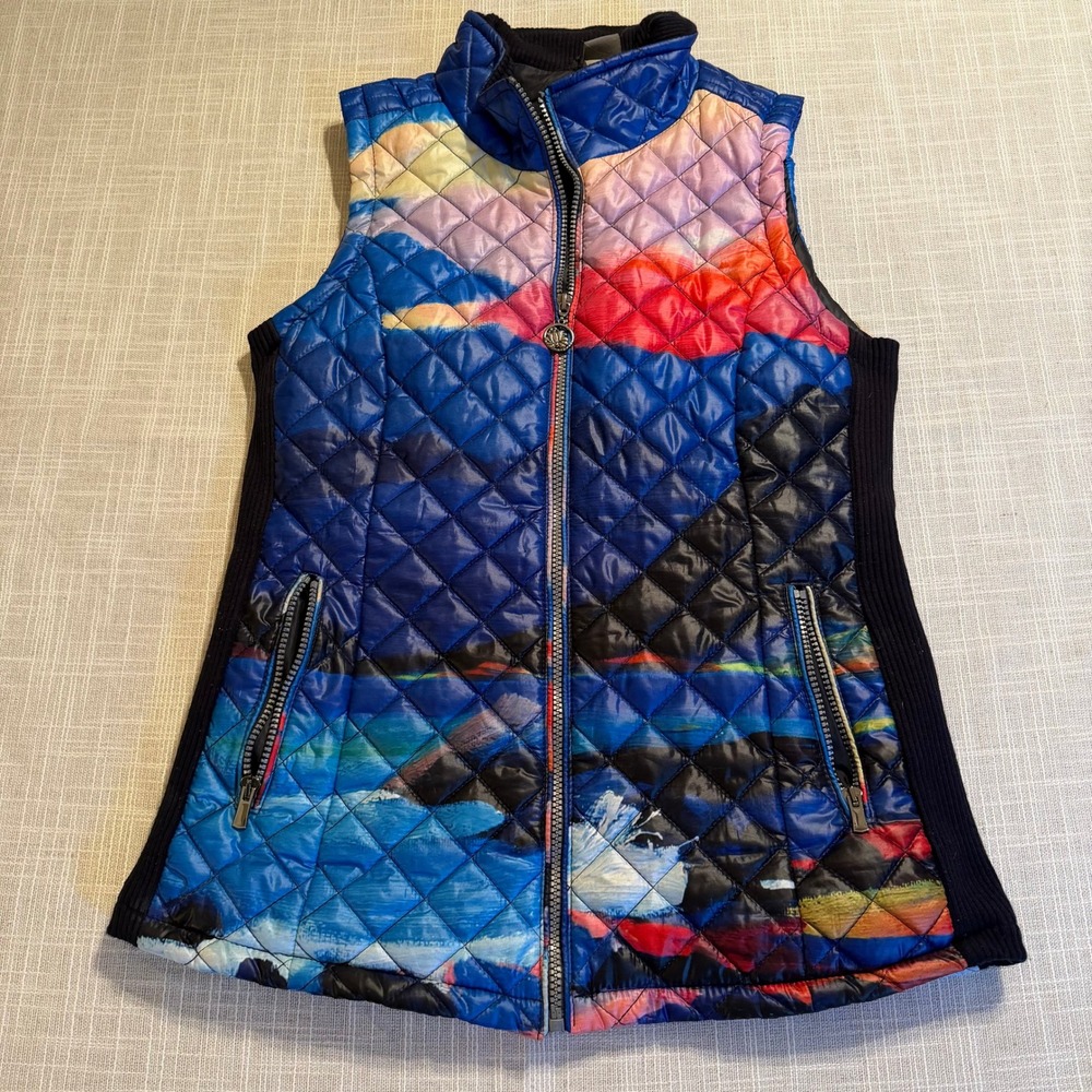 Dolcezza Simply Art Quilted Vest Landscape Print Sunset Puffer Blue Multi Sz S